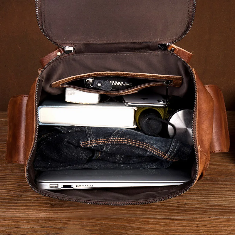 Erkek lüks tasarımcı vintage seyahat sırt çantası Yumuşak handmake Sıkıntılı Konyak Deri Sırt Çantası Sırt Çantası Kova Hediyeler için adam çantası 2