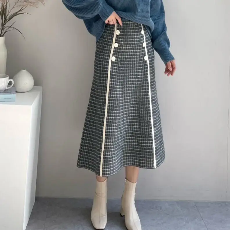Yüksek Belli Örme Etekler Kadın Kore Vintage Kalınlaşmak Kruvaze Zarif Moda A-line Pilili Uzun Etek Mujer 2022 2