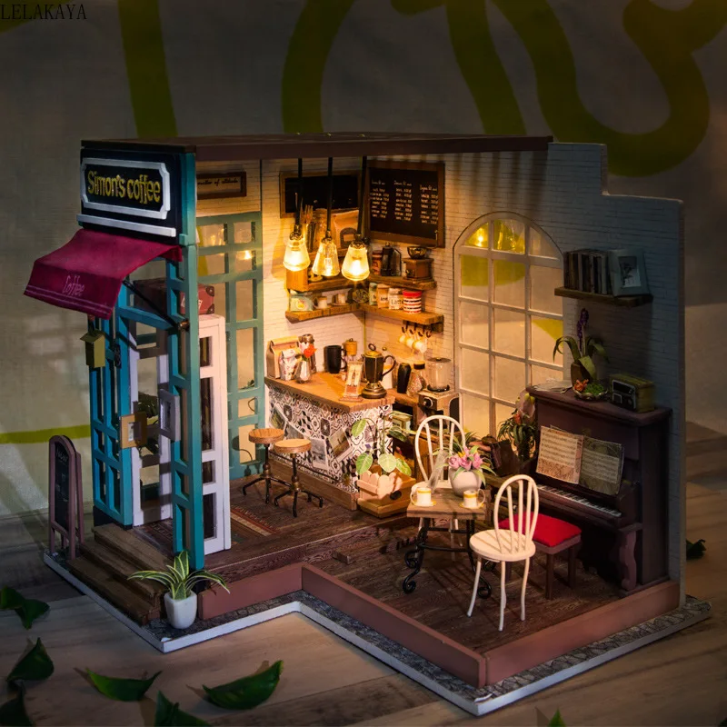 DIY simon'ın Kahve Mobilyaları Ile Çocuk Yetişkin Minyatür Ahşap Dollhouse Modeli Yapı Kitleri Hiçbir Kapak Dollhouse Oyuncaklar DG109 3