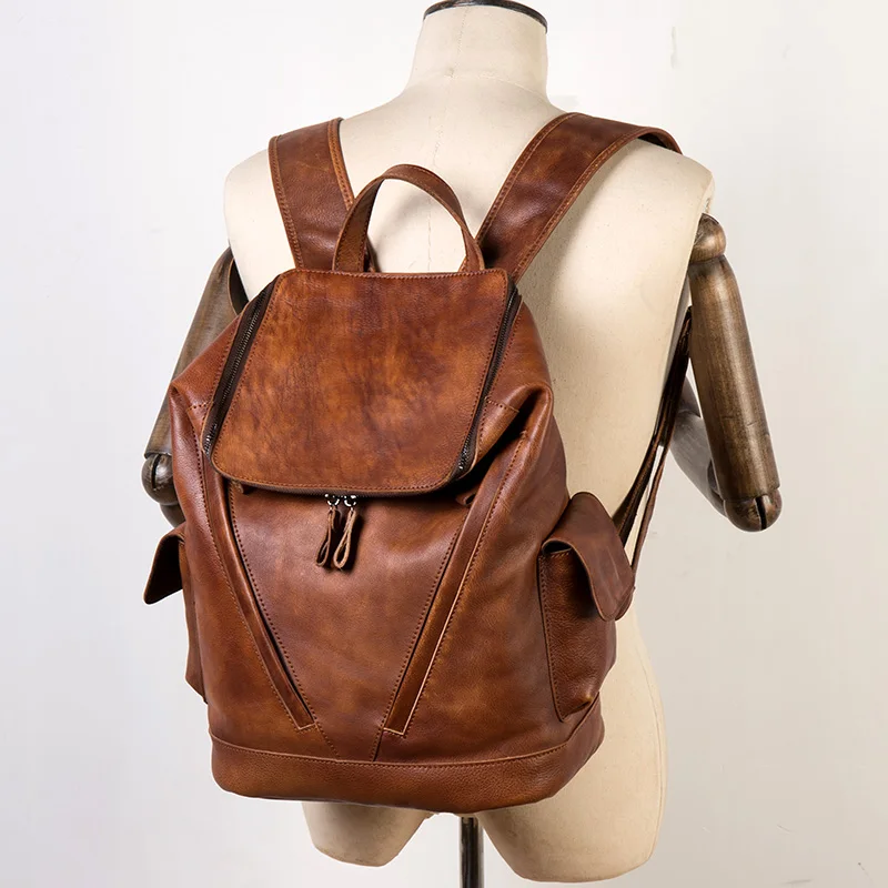 Erkek lüks tasarımcı vintage seyahat sırt çantası Yumuşak handmake Sıkıntılı Konyak Deri Sırt Çantası Sırt Çantası Kova Hediyeler için adam çantası 3