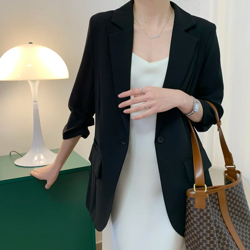 Yaz 2023 Vintage Kadınlar 3/4 Kollu Yeşil İnce Şifon Blazers Kore Gevşek Casual Yaka Uzun Kollu Ofis Takım Elbise Ceket Kadın 3