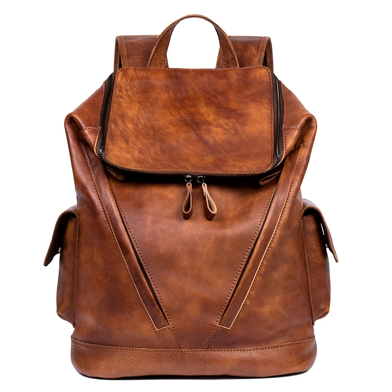 Erkek lüks tasarımcı vintage seyahat sırt çantası Yumuşak handmake Sıkıntılı Konyak Deri Sırt Çantası Sırt Çantası Kova Hediyeler için adam çantası 4