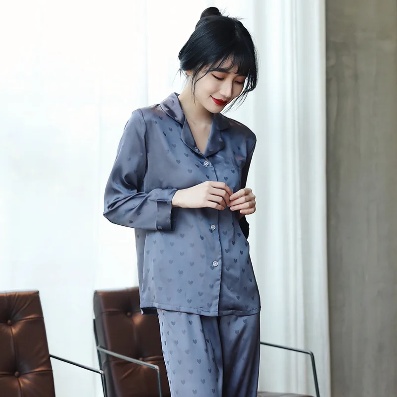 Mavi Gri PJS Uzun Kollu 2CPS Uyku Seti Rayon Pijama Kadınlar İçin Seksi Yaz Kıyafeti Düğmeli Pijama Dökün Femme Salonu 4
