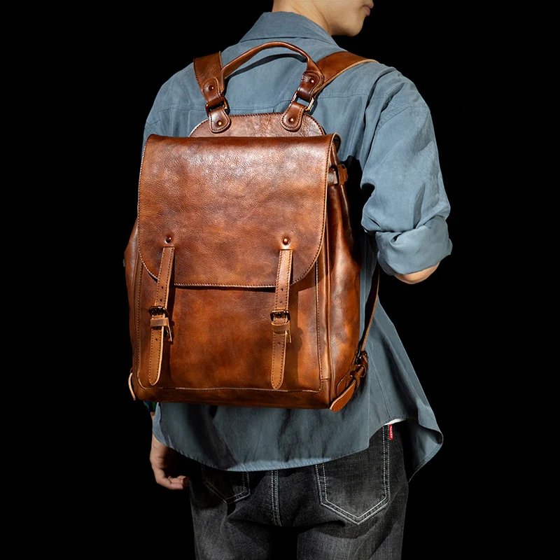 Erkek lüks tasarımcı vintage seyahat sırt çantası Yumuşak handmake Sıkıntılı Konyak Deri Sırt Çantası Sırt Çantası Kova Hediyeler için adam çantası 5